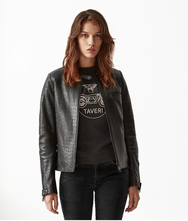Women Fearless Biker Jacket  Black Crocodile Embossed